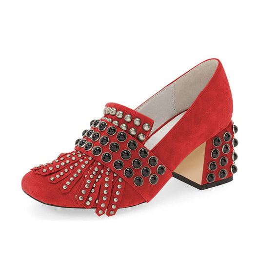 Women's Red Vegan Suede Square Toe Studded Fringe Heeled Loafers