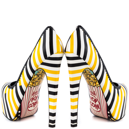 Yellow and Black Striped Print Closed Toe High Heels Platform Pumps
