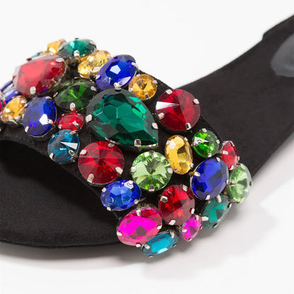 Colorful Rhinestone Women's Slide Sandals Open Toe Flats