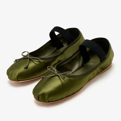Olive Satin Round Toe Bow Accents Ballet Flats with A Strap