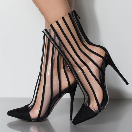 Black Transparent Stripes Pointy Toe Stiletto Heel Ankle Boots