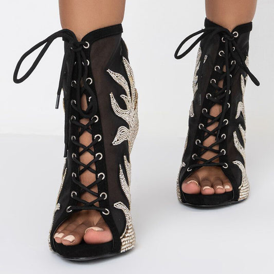 Black Rhinestone Ankle Boots Stiletto Heel Lace-Up Peep Toe Booties
