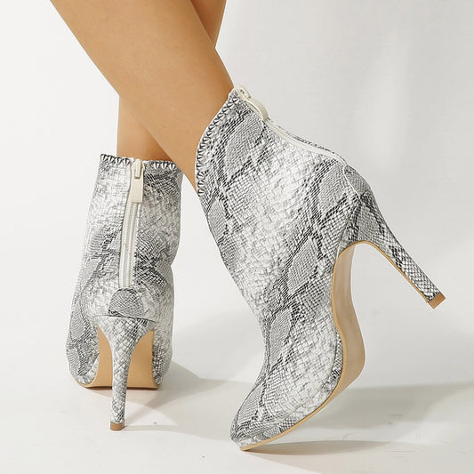 Women's Snake Texture Pointed Toe Fashion Ankle Boots with Rivets