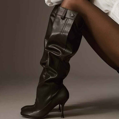 Black Vegan Leather Pointed Toe 3'' Flared Heel Knee High Boots