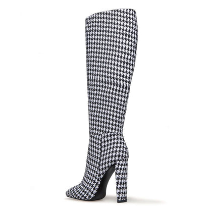 FSJ Black and White Houndstooth Chunky Heel Knee High Boots