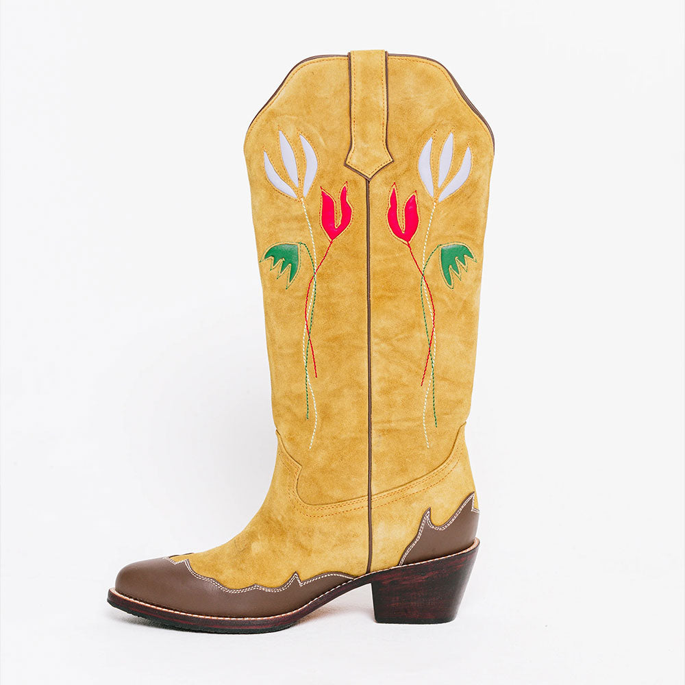 Yellow Block Heel Flower Inlay Snip Toe Women's Cowgirl Boots