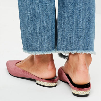 Women's Pink Velvet Pearl Embellished Comfortable Flat Mules