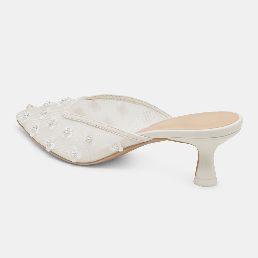 White Mesh Closed Toe Sequined Flower Spool Heel Mule Shoes for Women