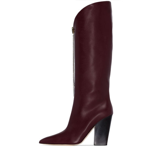 Maroon Rhinestone Chains Block Heel Wide Calf Knee High Boots
