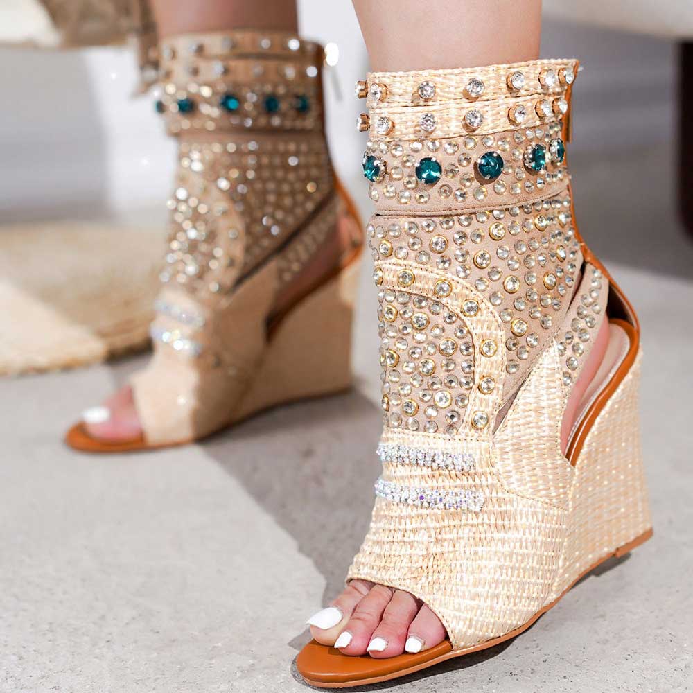 Nude & Beige Woven Wedge Heel Rhinestone Embellished Open Toe Boots