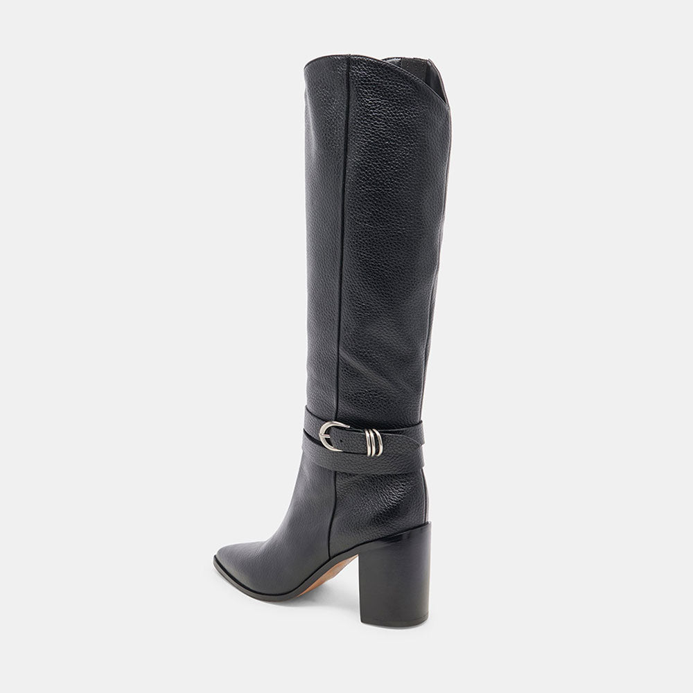 Black Buckle Strap Pointed Toe Block Heel Knee High Boots with Zipper