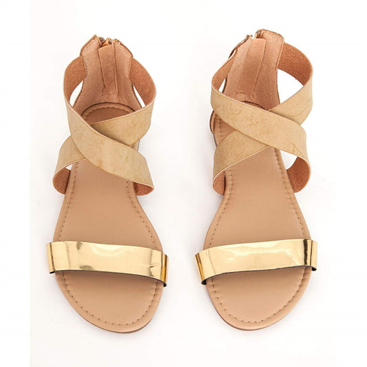 Gold & Khaki Open Toe Cross Strap Flat Sandals for Women
