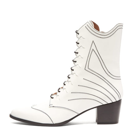 Women's White Chunky Heel Stitching Detail Lace Up Ankle Boots