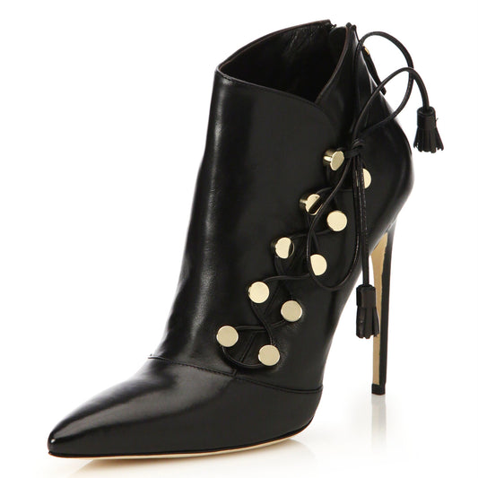 Black Pointy Toe Stiletto Heels Ankle Boots with Studs