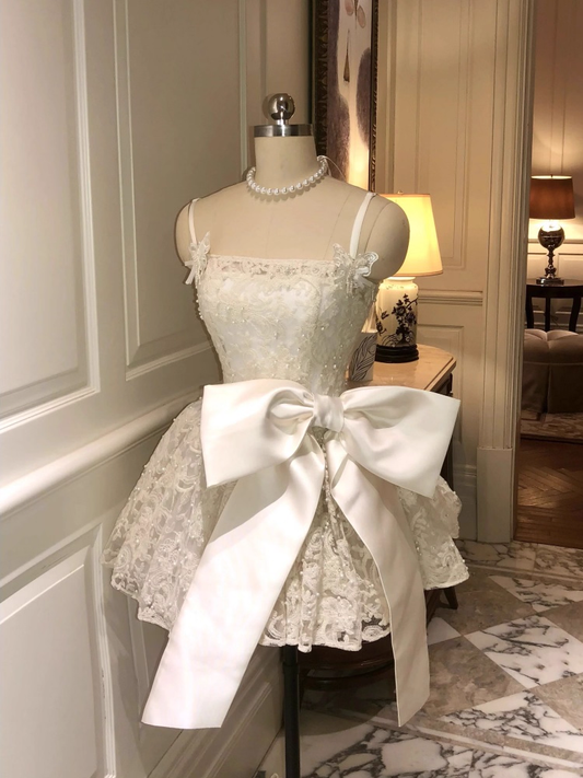 Vintage White Lace Bowknot Design Spaghetti Strap A-Line Homecoming Dress Party Dress Cocktail Dress TP4728