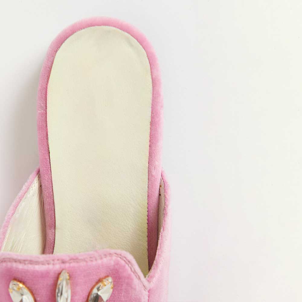 Pink Velvet Crystal Embellished Mule Loafers with Gold Hardware Decor