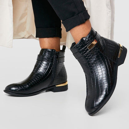 Black Crocodile  Ankle Boots With Zipper Chunky Low Heel