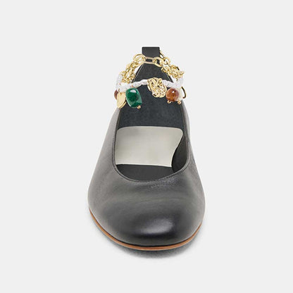 FSJ Women's Black Round Toe Jewelry Decor Gold Chain Flats