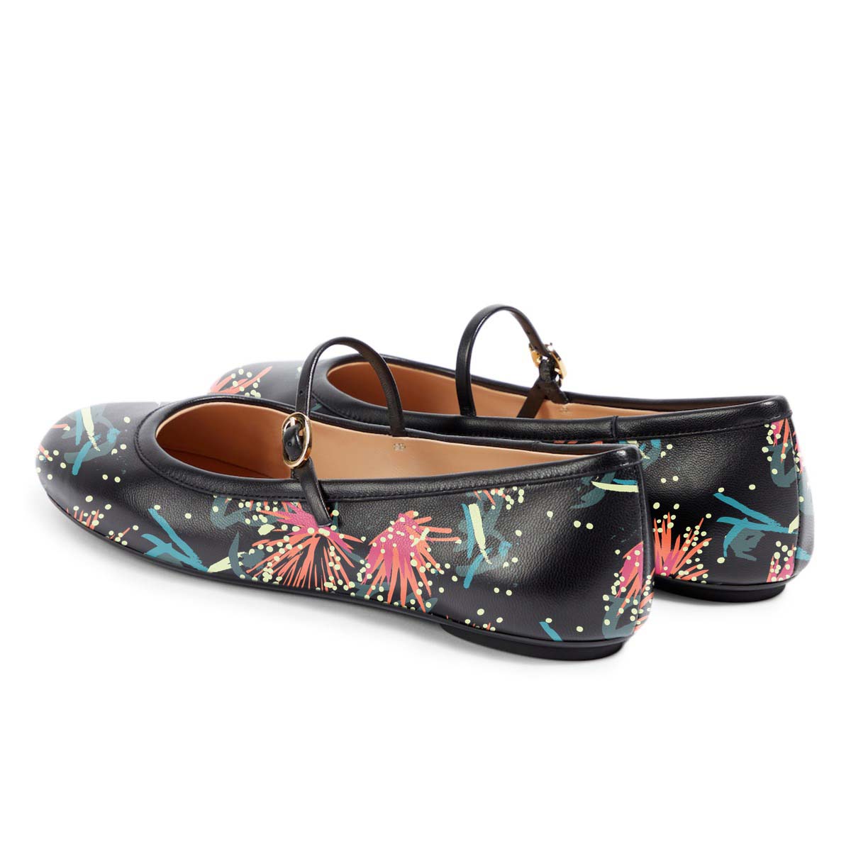 Black Vegan Leather Floral Print Round Toe Buckle Strap Flats