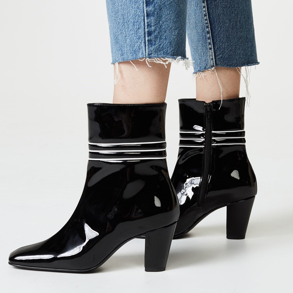 Black Patent Leather Square Toe Chunky Heels Zipper Ankle Boots