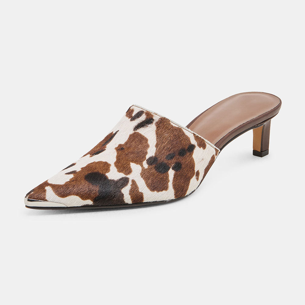 Beige & Brown Cow Print Pointed Toe Stiletto Heel Women's Mules Shoes