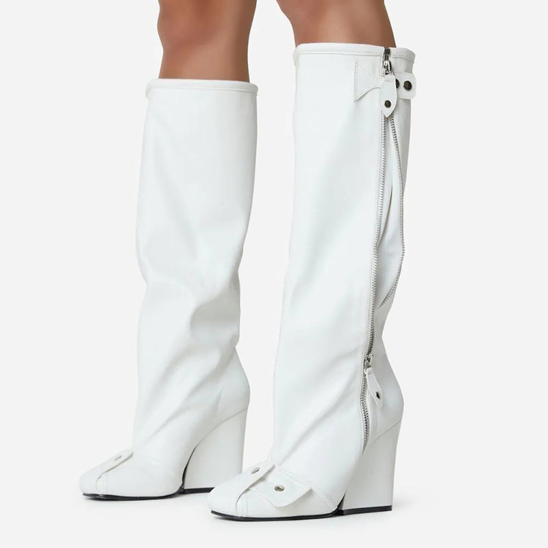 White Vintage Zipper Wide-Calf Knee High Boots with Wedges