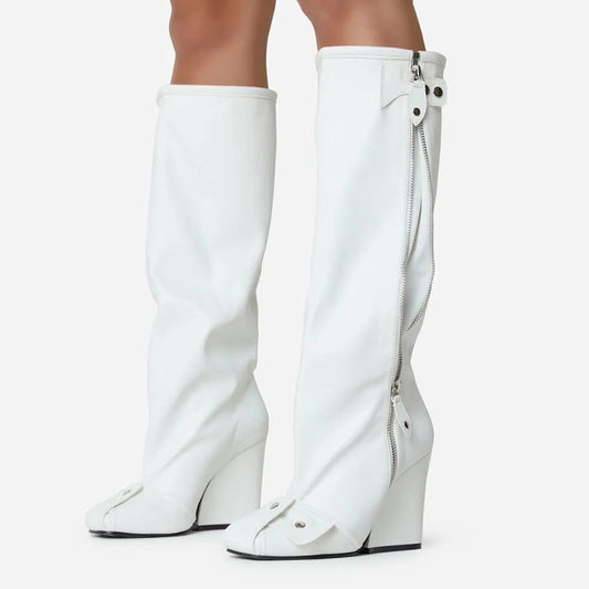 White Vintage Zipper Wide-Calf Knee High Boots with Wedges