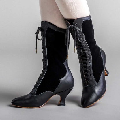 Vintage Black Closed-Toe Spool Heel Lace-Up Mid Calf Boots for Women