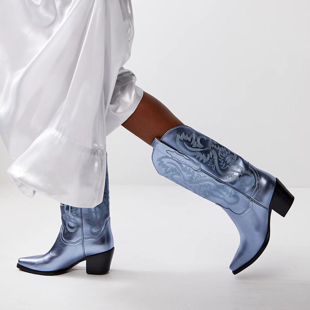Metallic Blue Embroidered Shoes Chunky Heel Mid-Calf Cowgirl Boots