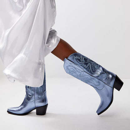 Metallic Blue Embroidered Shoes Chunky Heel Mid-Calf Cowgirl Boots