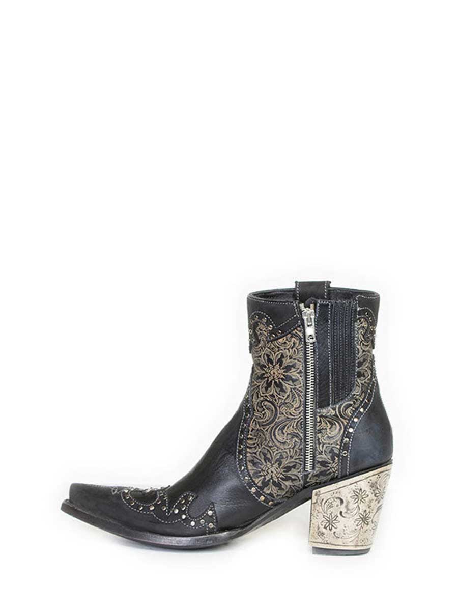 Black Vegan Leather Snip Toe Floral Printed Studded Block Heeled Cowgirl Ankle Boots
