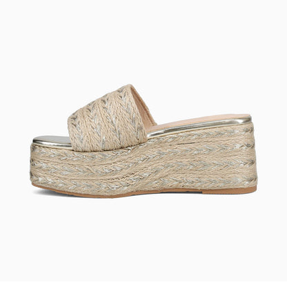 Beige & Gold Metallic Square Toe Platform Wedge Heel Mules Sandals