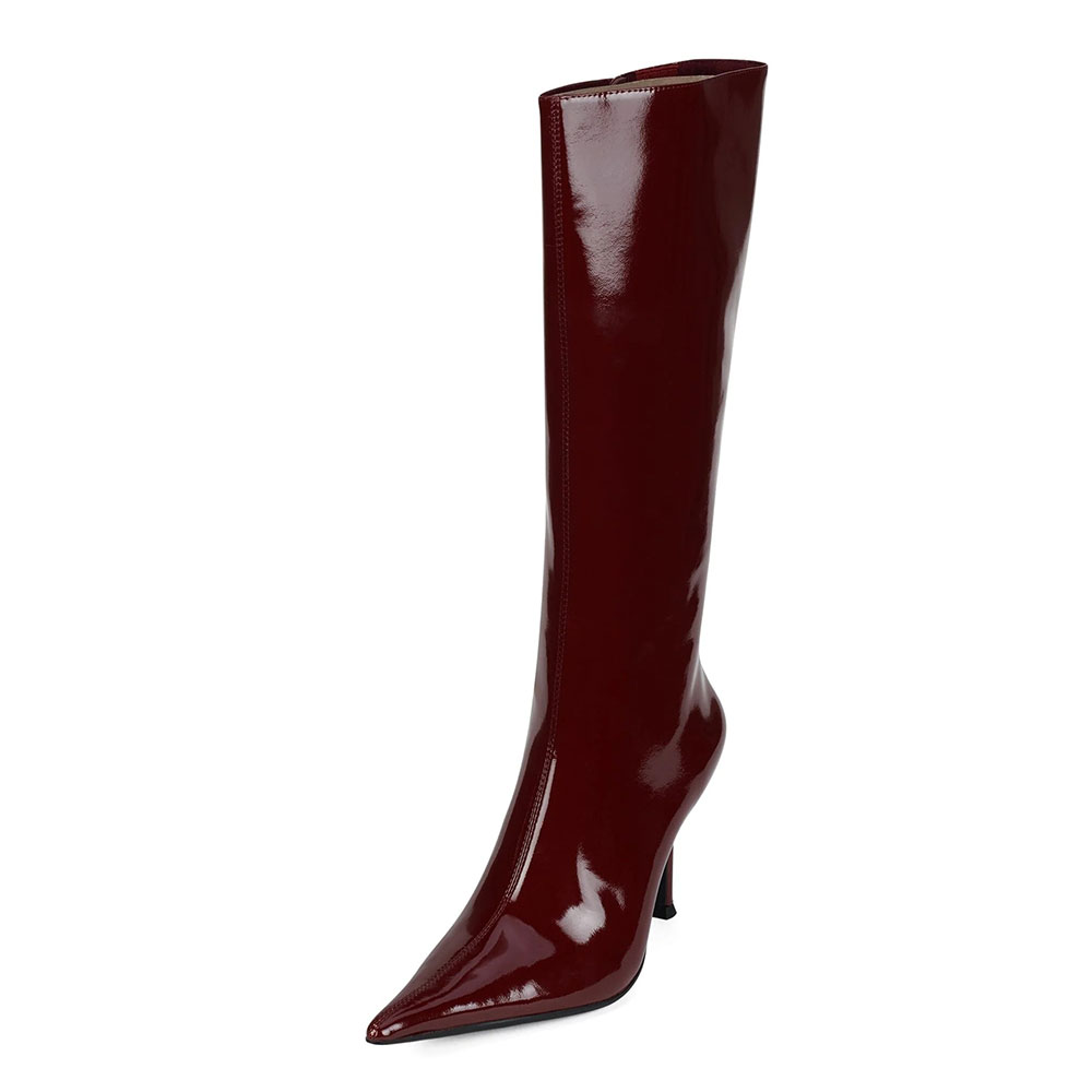 Chic Burgundy Stiletto Heel Mid Calf Boots with Pointed Toe