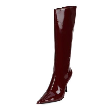 Chic Burgundy Stiletto Heel Mid Calf Boots with Pointed Toe