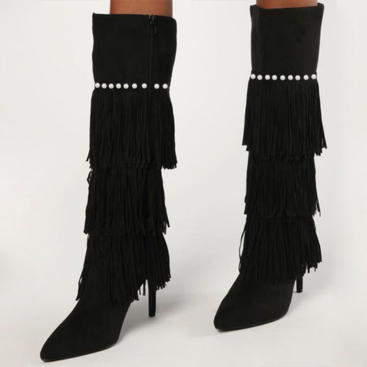 Black Vegan Suede Pointed Toe Fringe High Heel Boots with Rhinestone