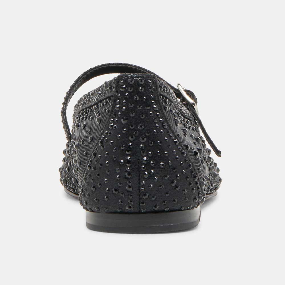 Black All-Over Rhinestone Square Toe Buckle Strap Mesh Flats