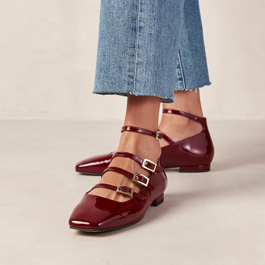 Burgundy Patent Leather Square Toe Buckled Ankle Strap Mary Jane Flats