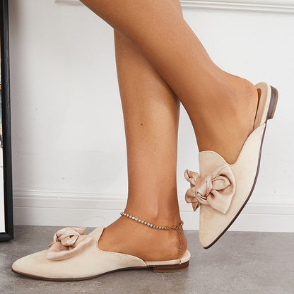 Beige Closed Toe Flat Shoes Bow Embellished Slip On Mule Loafers