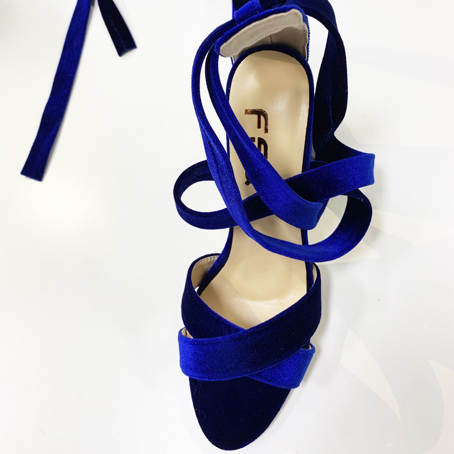 Midnight Blue Velvet Open Toe Elegant Strappy High Heel Sandals