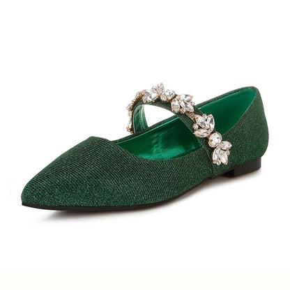 Green Glitter Pointed Toe Rhinestone Ballet Flats with Straps
