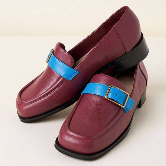 Maroon Square Toe Low Chunky Heel Women's Loafers with Blue Decor