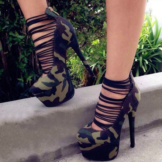 Women's Camouflage High Heel Shoes Round Toe Strappy Platform Pumps