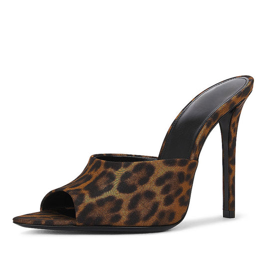 Black & Brown Leopard Print Pointy Toe Stiletto Heel Mules Sandals