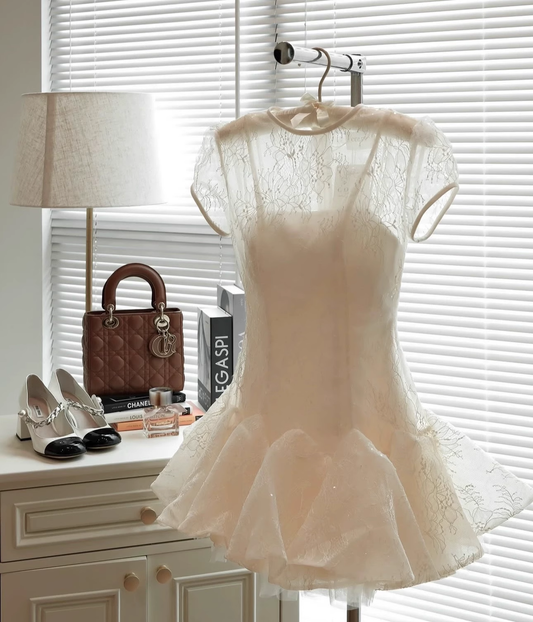White Applique Design A-line Lace Short-sleeved  Party Dress Homecoming Dresses TP3939