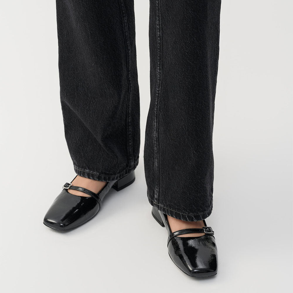 Black Vegan Leather Square Toe Buckle Strap Mary Jane Flats