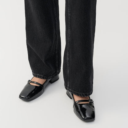 Black Vegan Leather Square Toe Buckle Strap Mary Jane Flats