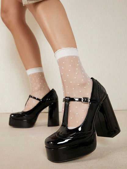 Black Patent Leather Closed Toe Chunky Heel T-Strap Platform Loafers