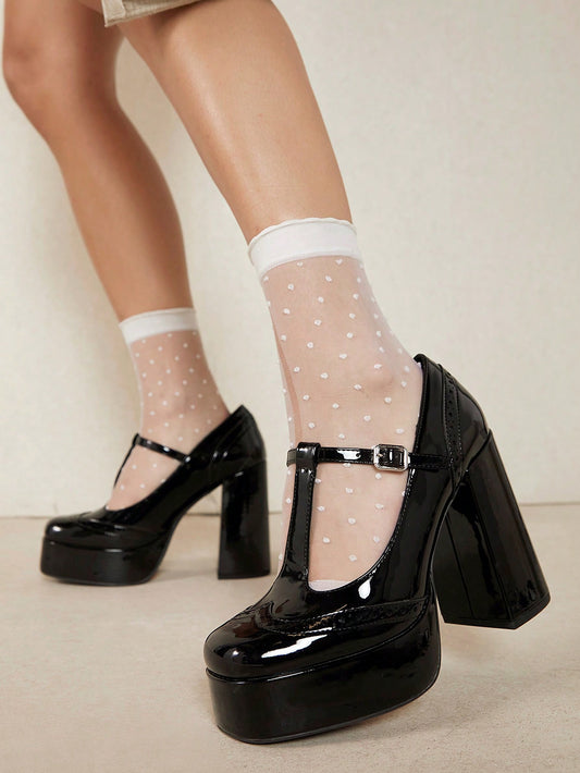 Black Patent Leather Closed Toe Chunky Heel T-Strap Platform Loafers
