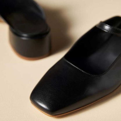Black Vegan Leather Square Toe Lady's Formal Backless Mary Jane Flats