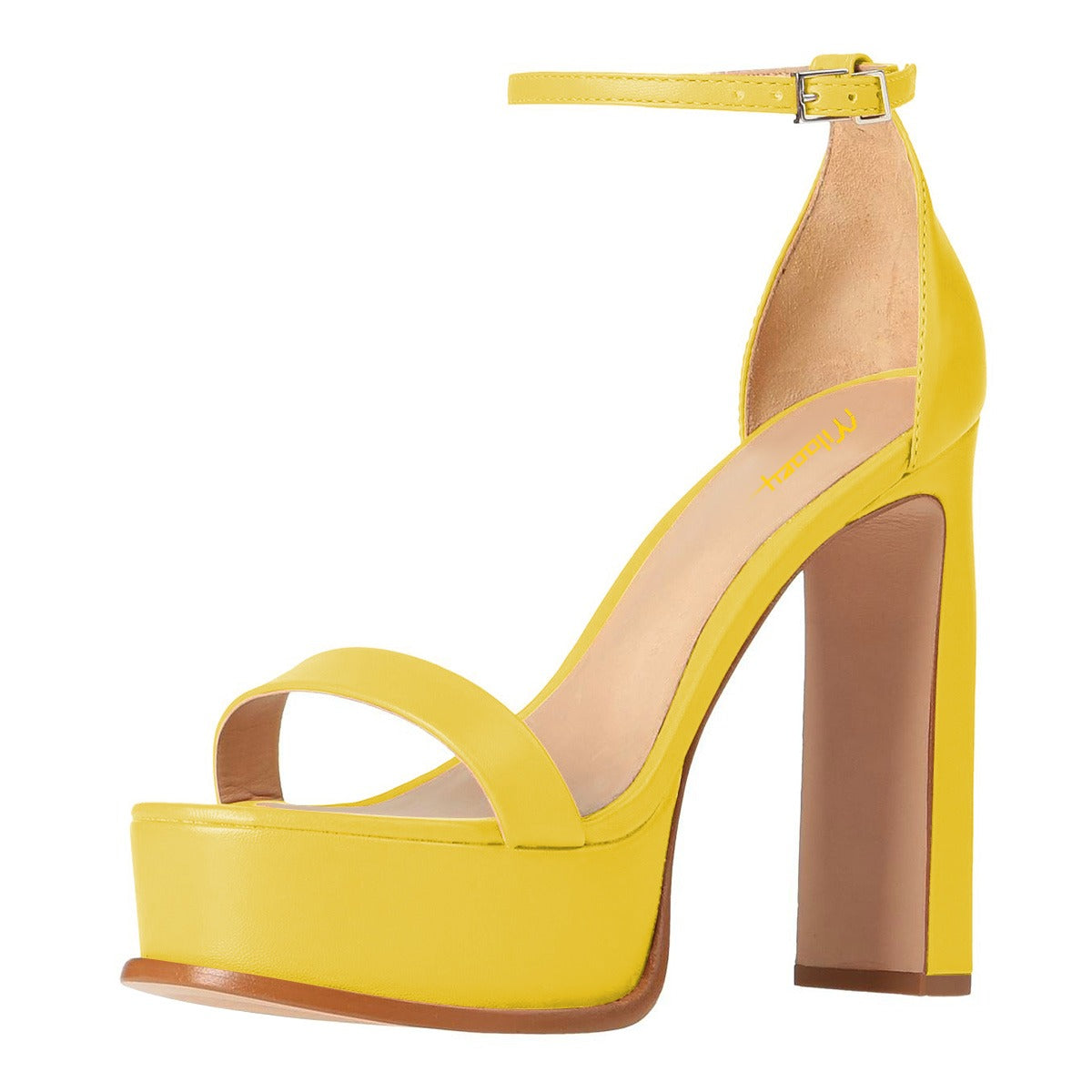 Yellow Open Round Toe Ankle Strap Chunky Heel Platform Sandals